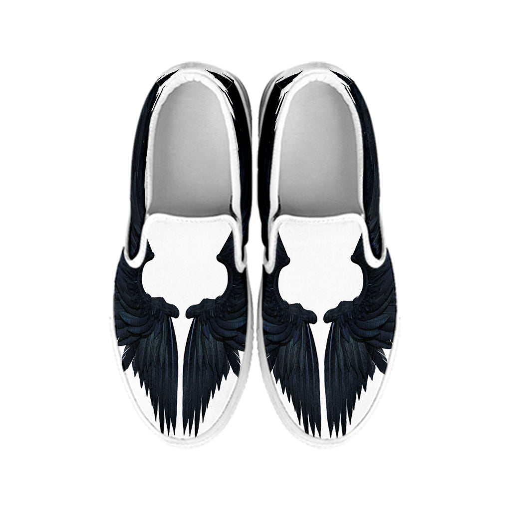 Black Demon Wings Print White Slip On Shoes