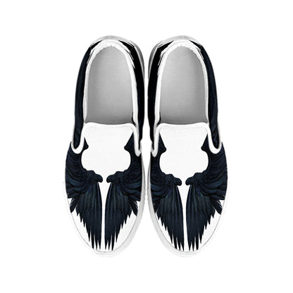 Black Demon Wings Print White Slip On Shoes