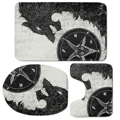Black Demon Wolf Print 3 Piece Bath Mat Set