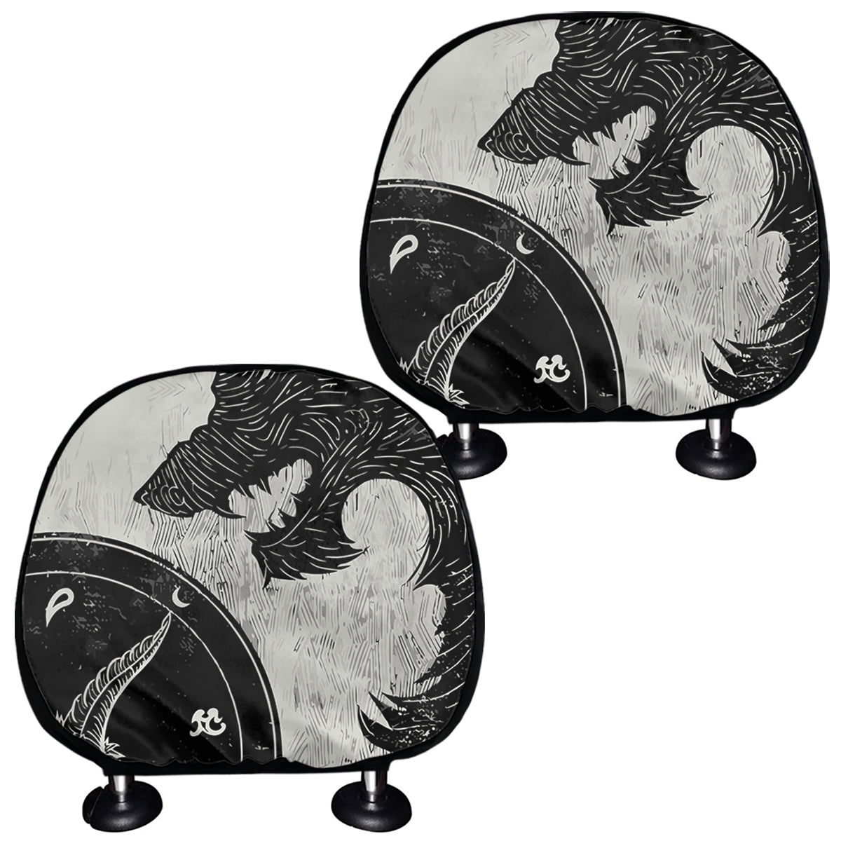 Black Demon Wolf Print Car Headrest Covers