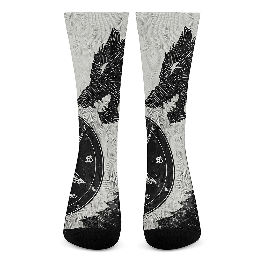 Black Demon Wolf Print Crew Socks