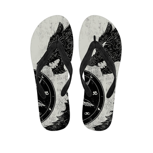 Black Demon Wolf Print Flip Flops