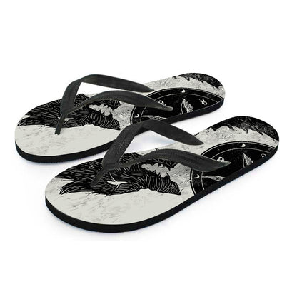 Black Demon Wolf Print Flip Flops