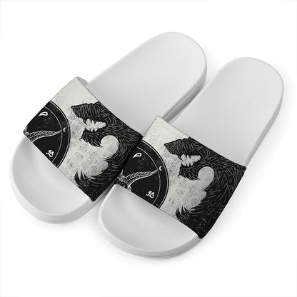 Black Demon Wolf Print White Slide Sandals