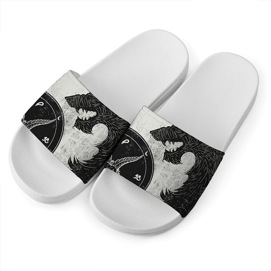 Black Demon Wolf Print White Slide Sandals