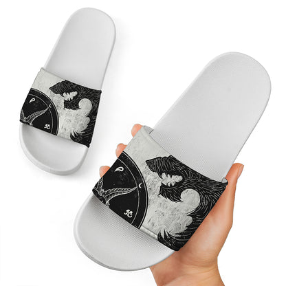 Black Demon Wolf Print White Slide Sandals
