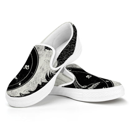 Black Demon Wolf Print White Slip On Shoes