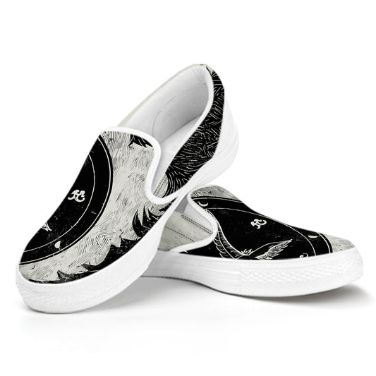 Black Demon Wolf Print White Slip On Shoes