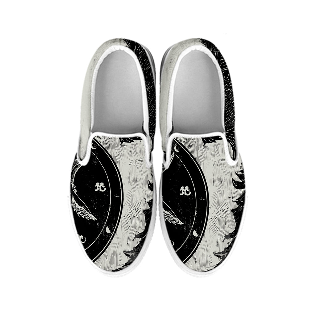 Black Demon Wolf Print White Slip On Shoes