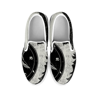 Black Demon Wolf Print White Slip On Shoes