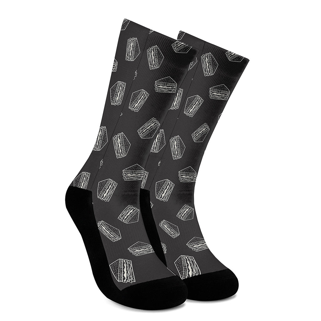 Black Doodle Sandwich Pattern Print Crew Socks