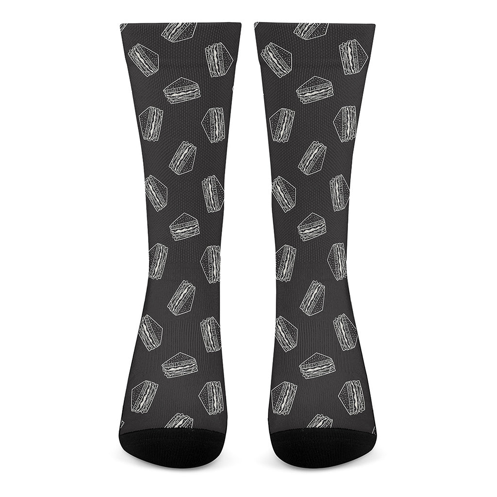 Black Doodle Sandwich Pattern Print Crew Socks