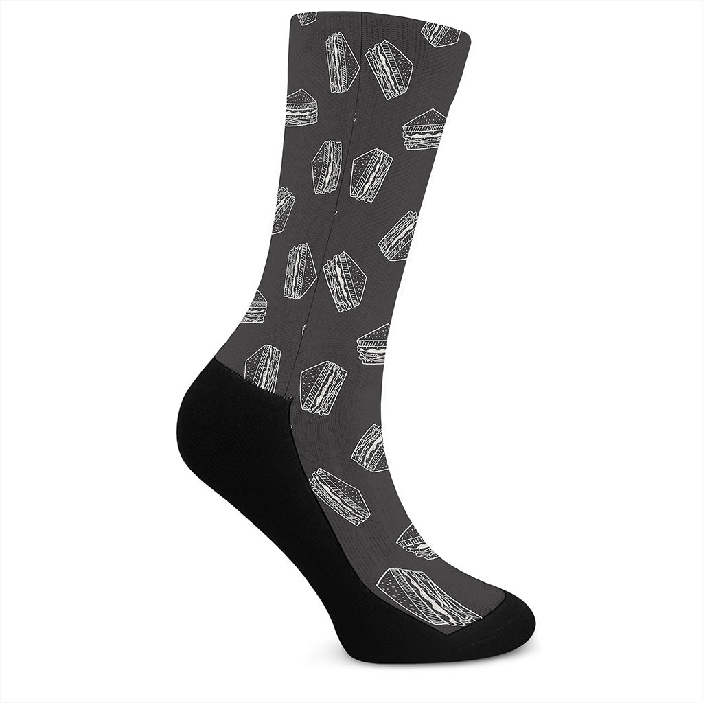 Black Doodle Sandwich Pattern Print Crew Socks