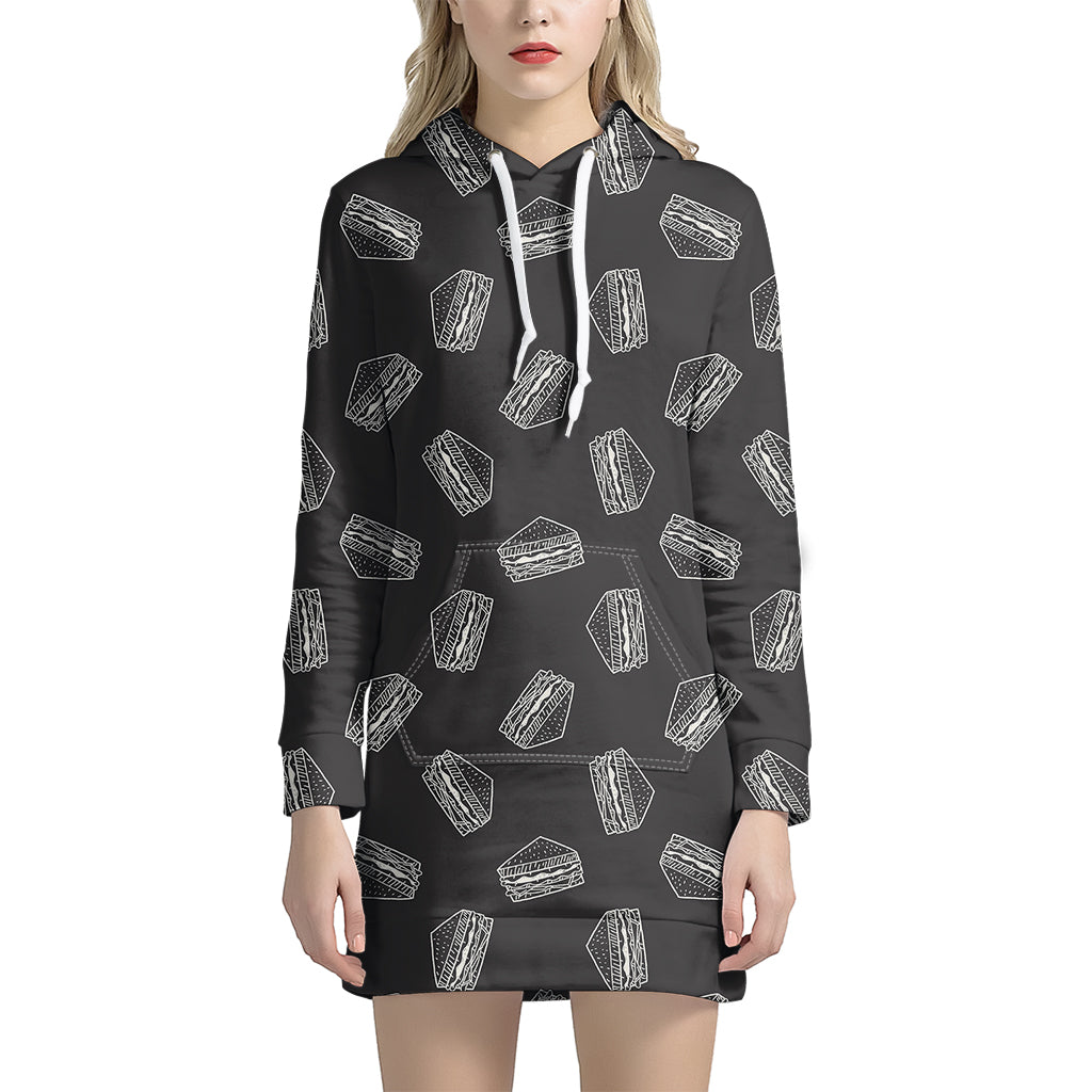 Black Doodle Sandwich Pattern Print Hoodie Dress