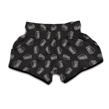 Black Doodle Sandwich Pattern Print Muay Thai Boxing Shorts
