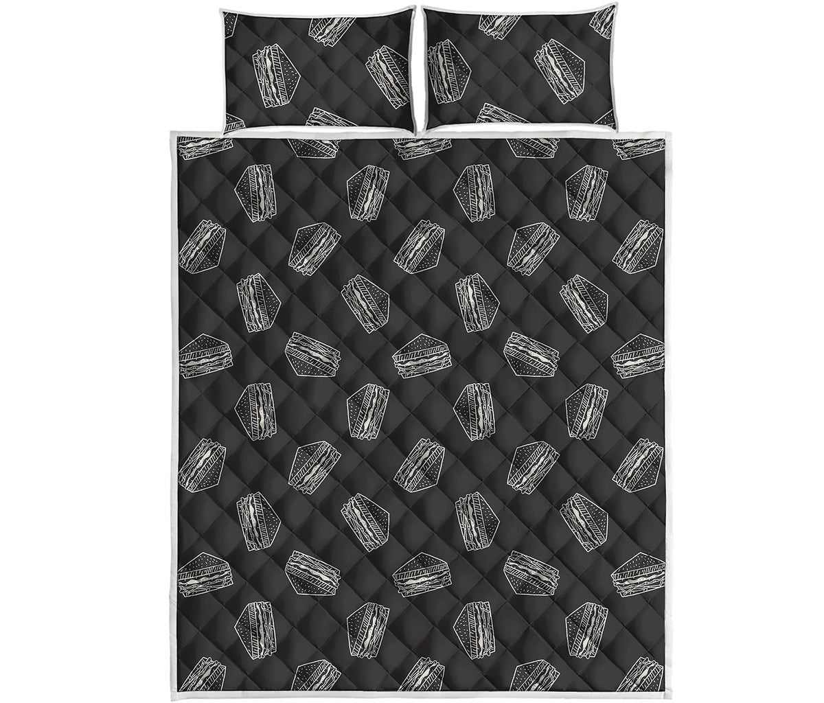 Black Doodle Sandwich Pattern Print Quilt Bed Set