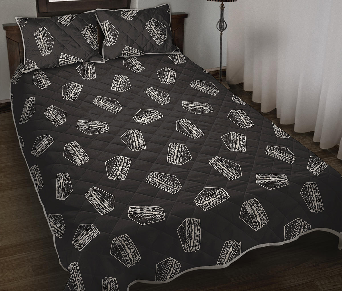 Black Doodle Sandwich Pattern Print Quilt Bed Set