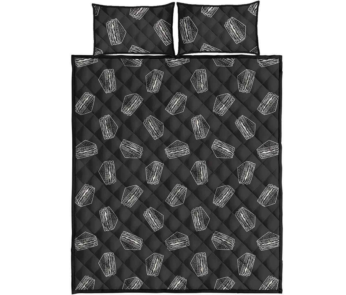 Black Doodle Sandwich Pattern Print Quilt Bed Set