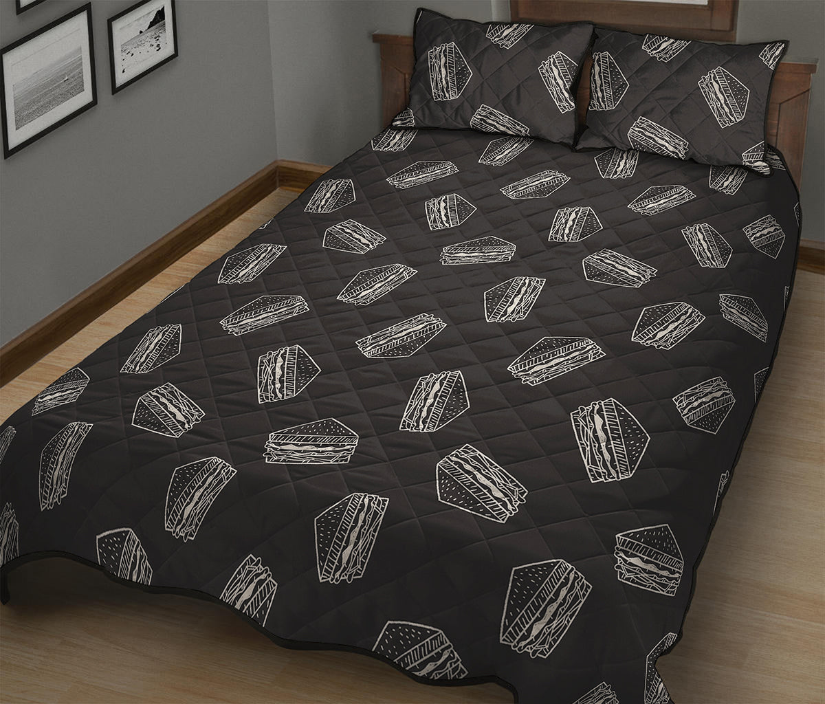 Black Doodle Sandwich Pattern Print Quilt Bed Set