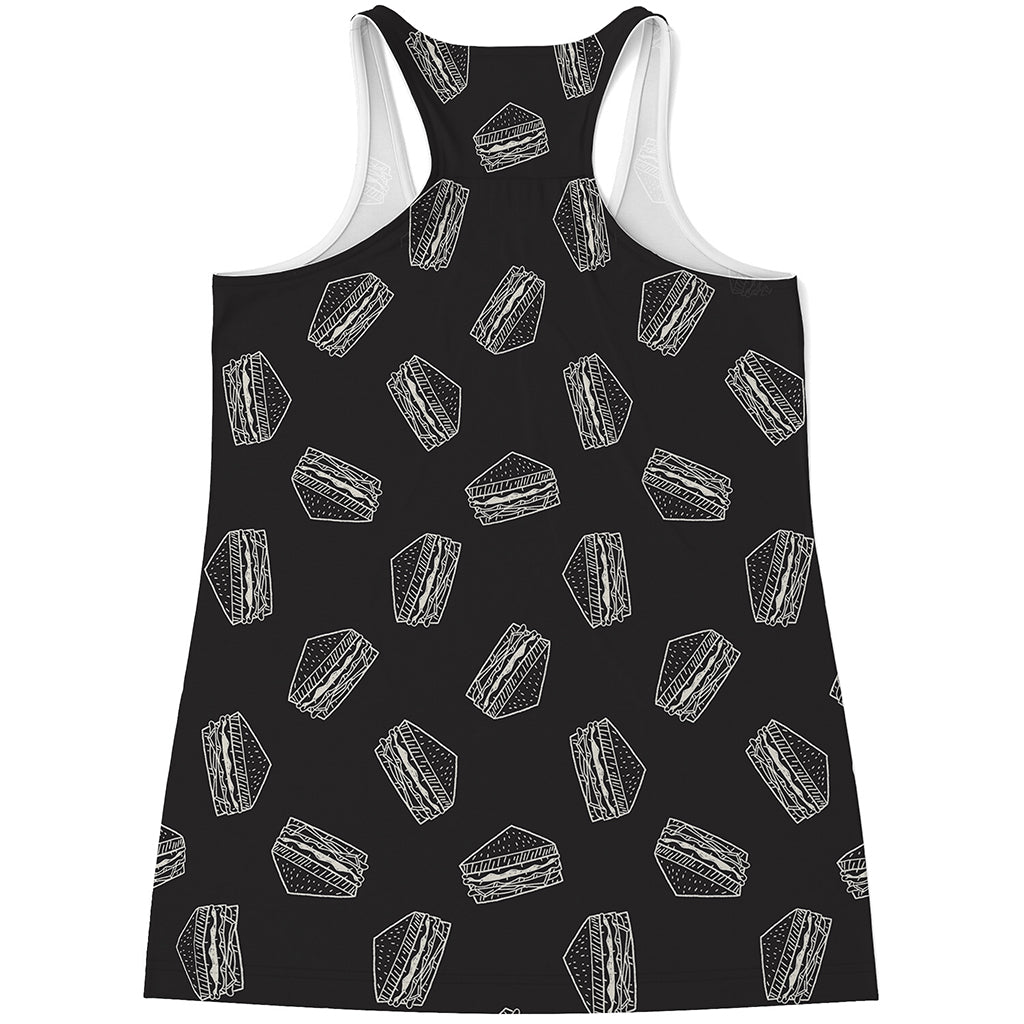 Black Doodle Sandwich Pattern Print Women's Racerback Tank Top
