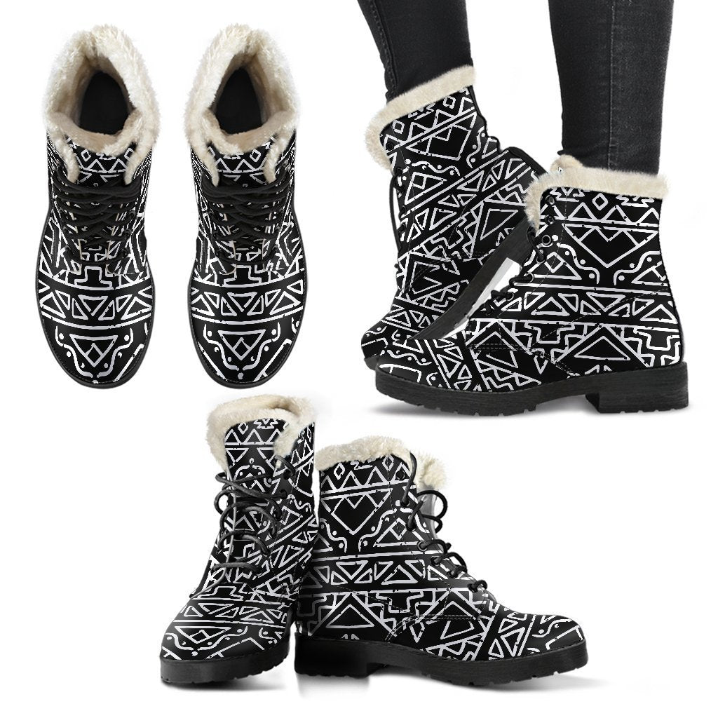 Black Ethnic Aztec Pattern Print Comfy Boots GearFrost