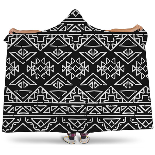 Black Ethnic Aztec Pattern Print Hooded Blanket