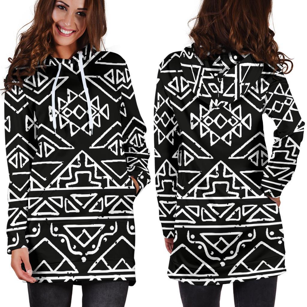 Black Ethnic Aztec Pattern Print Hoodie Dress GearFrost