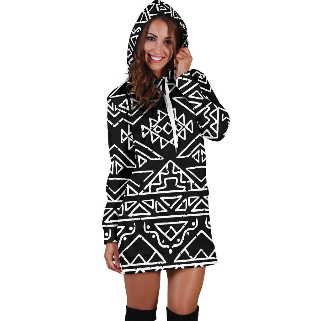 Black Ethnic Aztec Pattern Print Hoodie Dress GearFrost