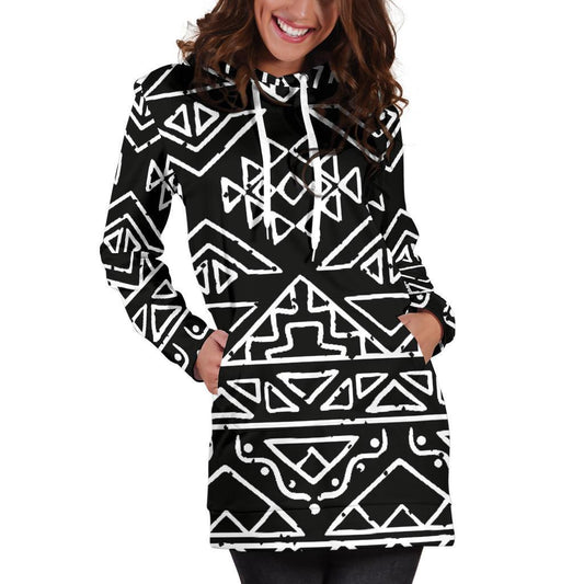 Black Ethnic Aztec Pattern Print Hoodie Dress GearFrost