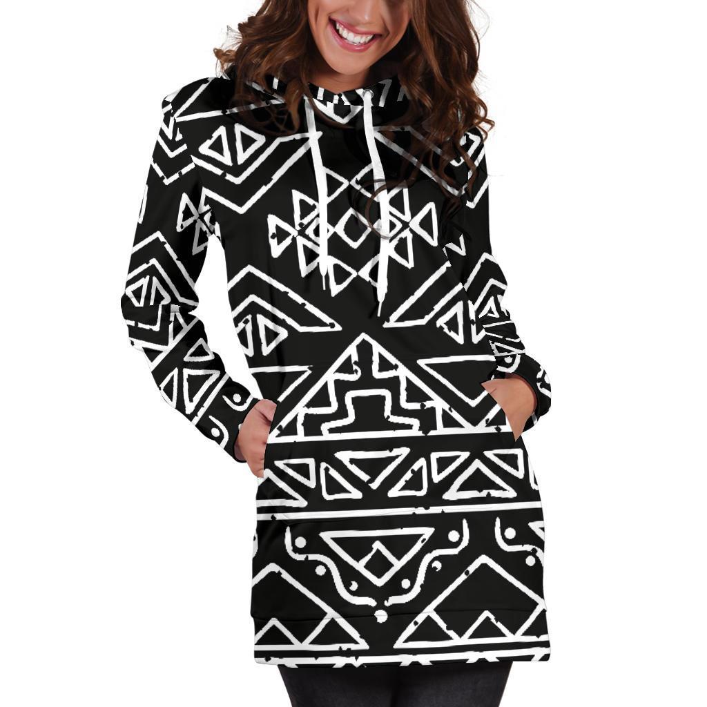 Black Ethnic Aztec Pattern Print Hoodie Dress GearFrost