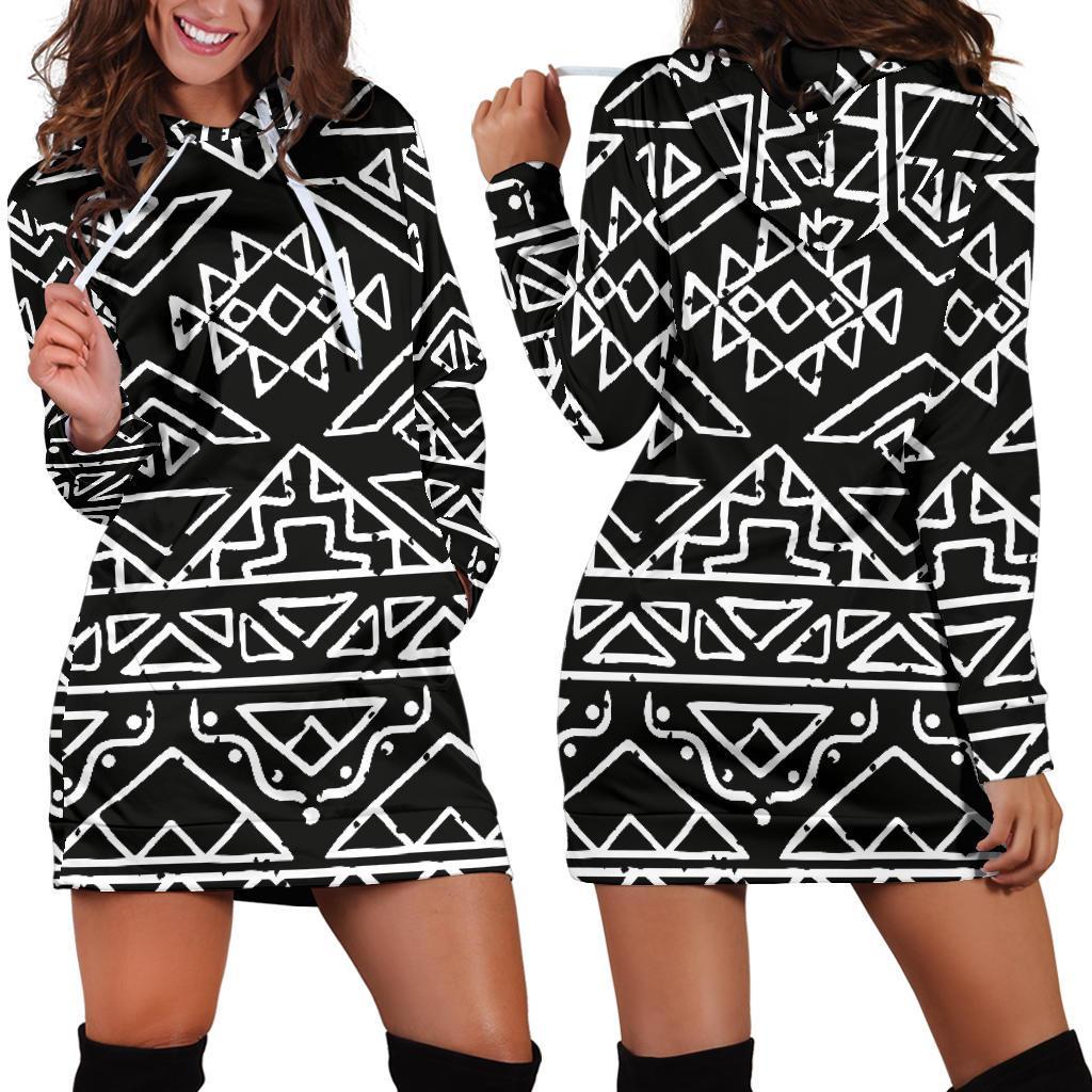 Black Ethnic Aztec Pattern Print Hoodie Dress GearFrost