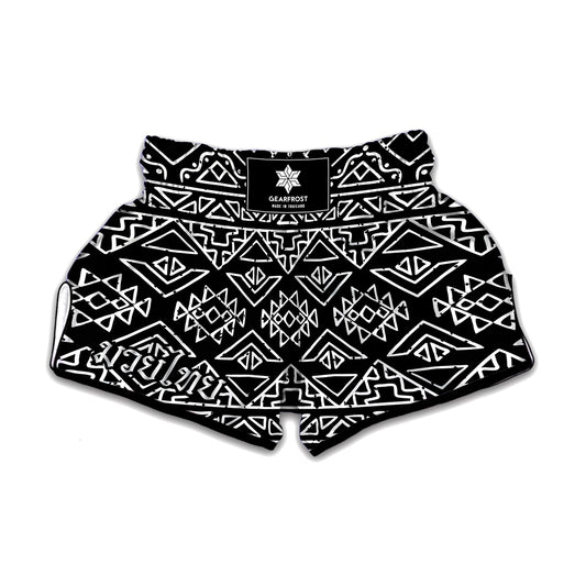Black Ethnic Aztec Pattern Print Muay Thai Boxing Shorts