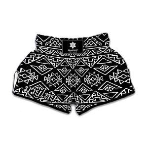 Black Ethnic Aztec Pattern Print Muay Thai Boxing Shorts