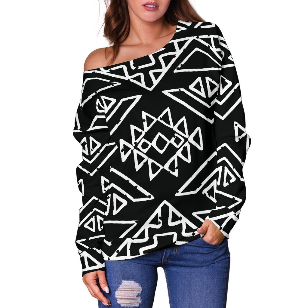 Black Ethnic Aztec Pattern Print Off Shoulder Sweatshirt GearFrost