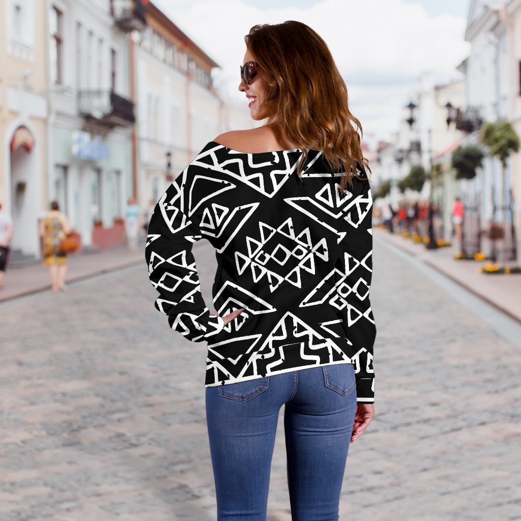 Black Ethnic Aztec Pattern Print Off Shoulder Sweatshirt GearFrost