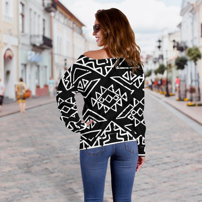 Black Ethnic Aztec Pattern Print Off Shoulder Sweatshirt GearFrost