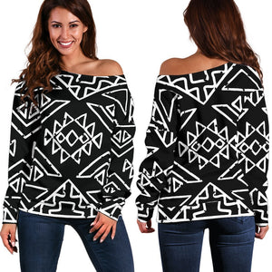 Black Ethnic Aztec Pattern Print Off Shoulder Sweatshirt GearFrost