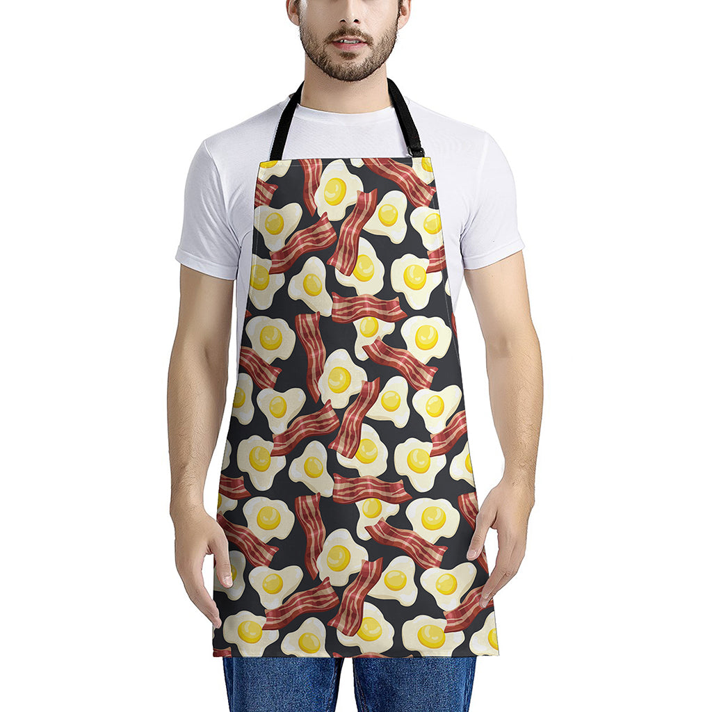 Black Fried Egg And Bacon Pattern Print Apron