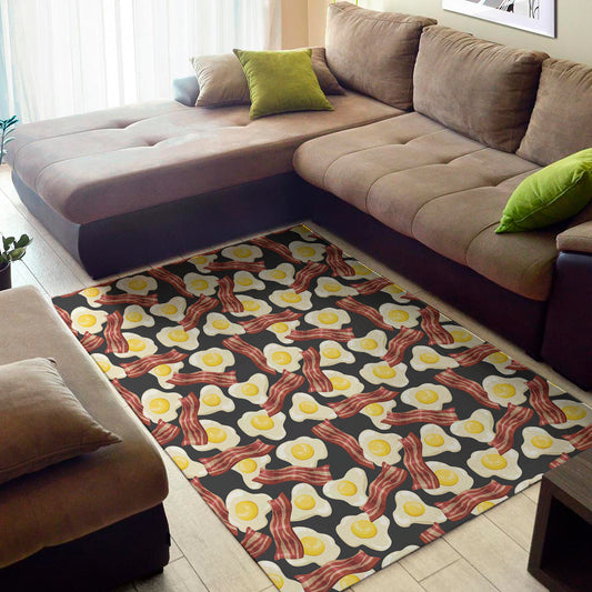 Black Fried Egg And Bacon Pattern Print Area Rug