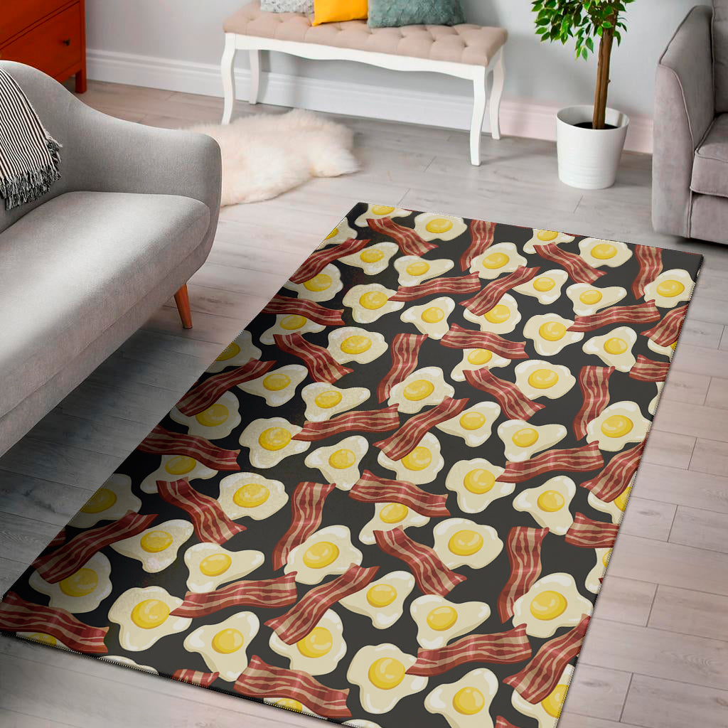 Black Fried Egg And Bacon Pattern Print Area Rug