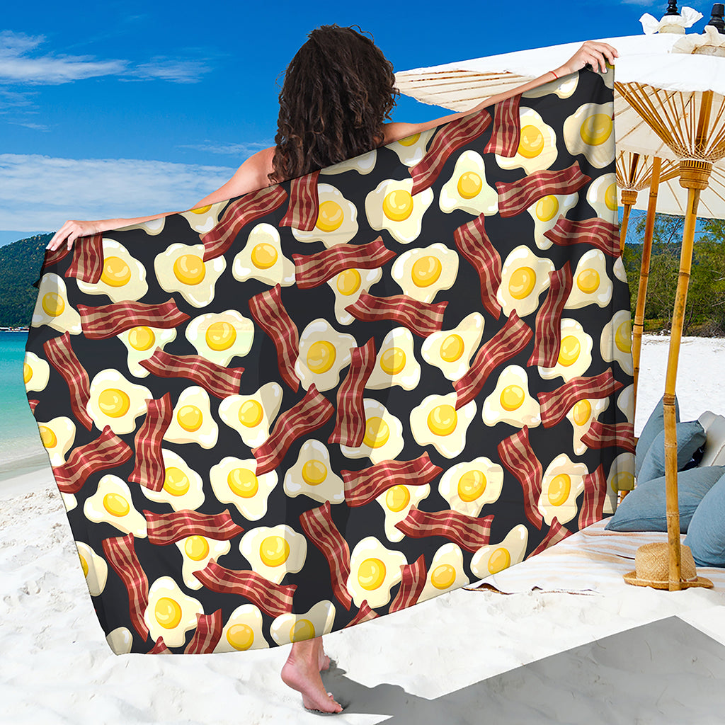 Black Fried Egg And Bacon Pattern Print Beach Sarong Wrap