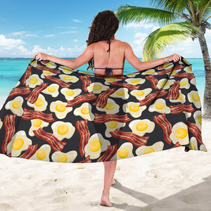 Black Fried Egg And Bacon Pattern Print Beach Sarong Wrap