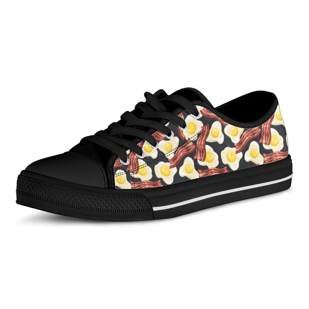 Black Fried Egg And Bacon Pattern Print Black Low Top Shoes