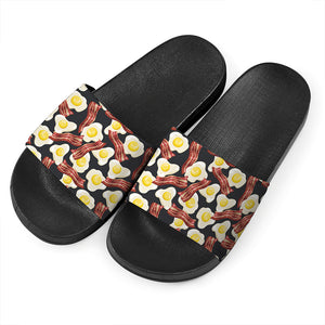 Black Fried Egg And Bacon Pattern Print Black Slide Sandals