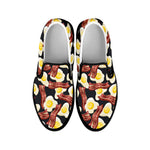Black Fried Egg And Bacon Pattern Print Black Slip On Shoes