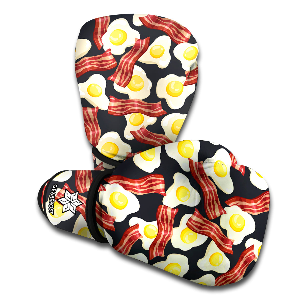 Black Fried Egg And Bacon Pattern Print Boxing Gloves