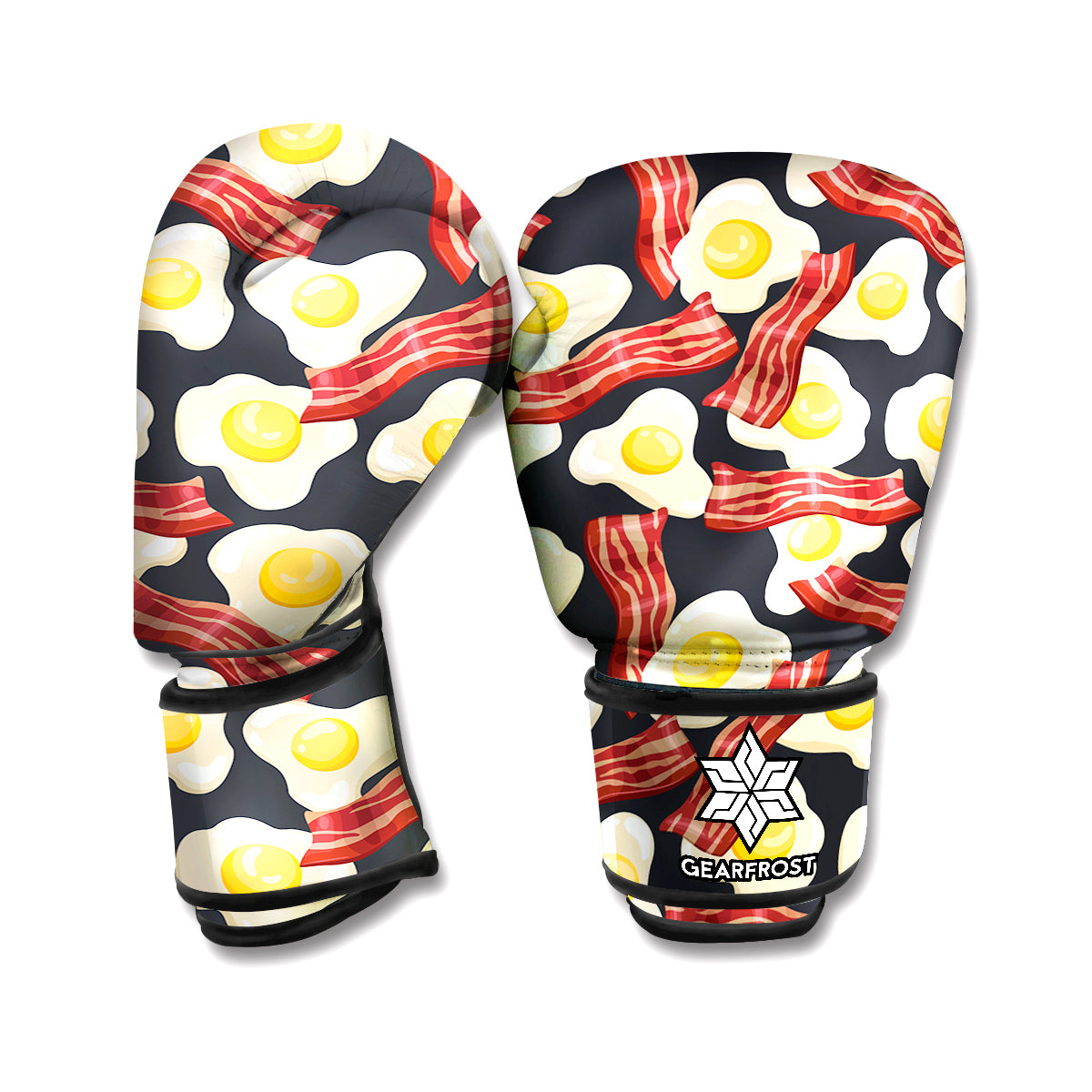 Black Fried Egg And Bacon Pattern Print Boxing Gloves