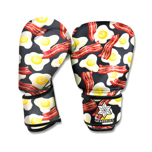 Black Fried Egg And Bacon Pattern Print Boxing Gloves