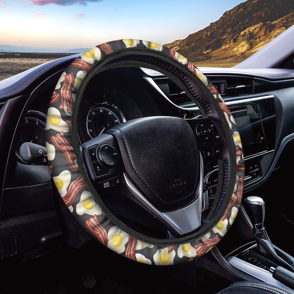 Black Fried Egg And Bacon Pattern Print Car Steering Wheel Cover