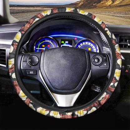 Black Fried Egg And Bacon Pattern Print Car Steering Wheel Cover